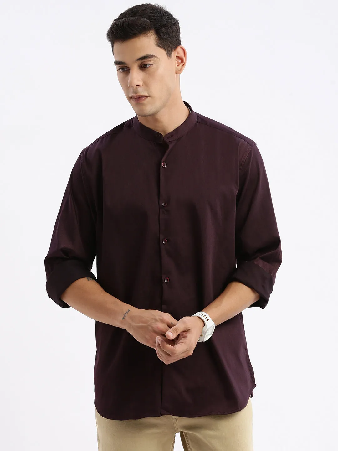 Men Mandarin Collar Solid Slim Fit Purple Shirt