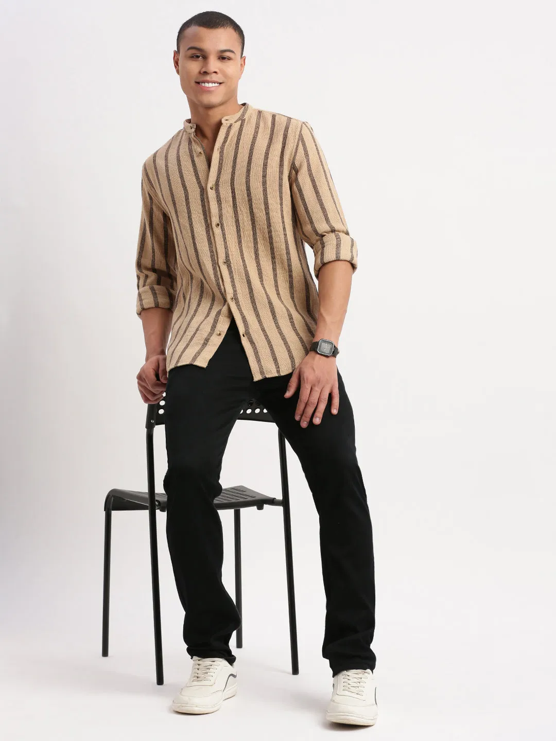 Men Mandarin Collar Vertical Stripes Beige Shirt