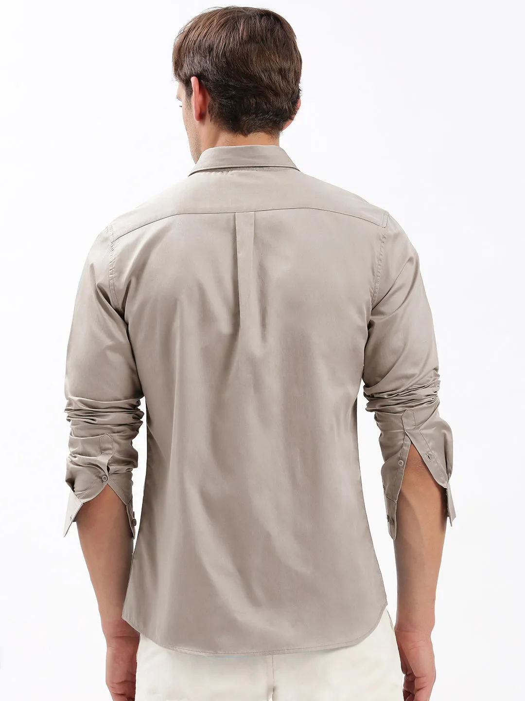 Men Spread Collar Solid Beige Shirt
