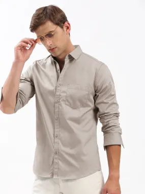 Men Spread Collar Solid Beige Shirt