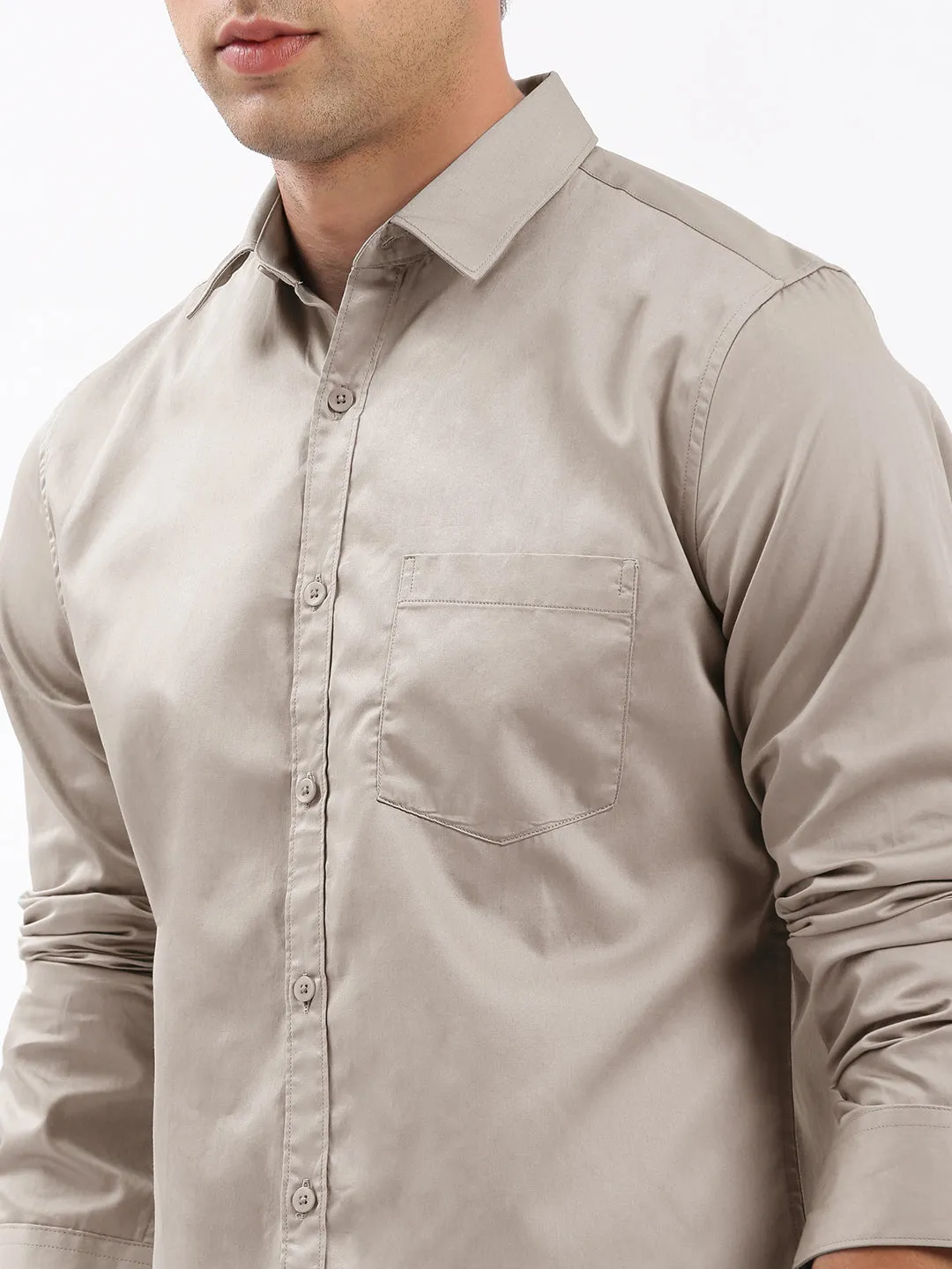 Men Spread Collar Solid Beige Shirt