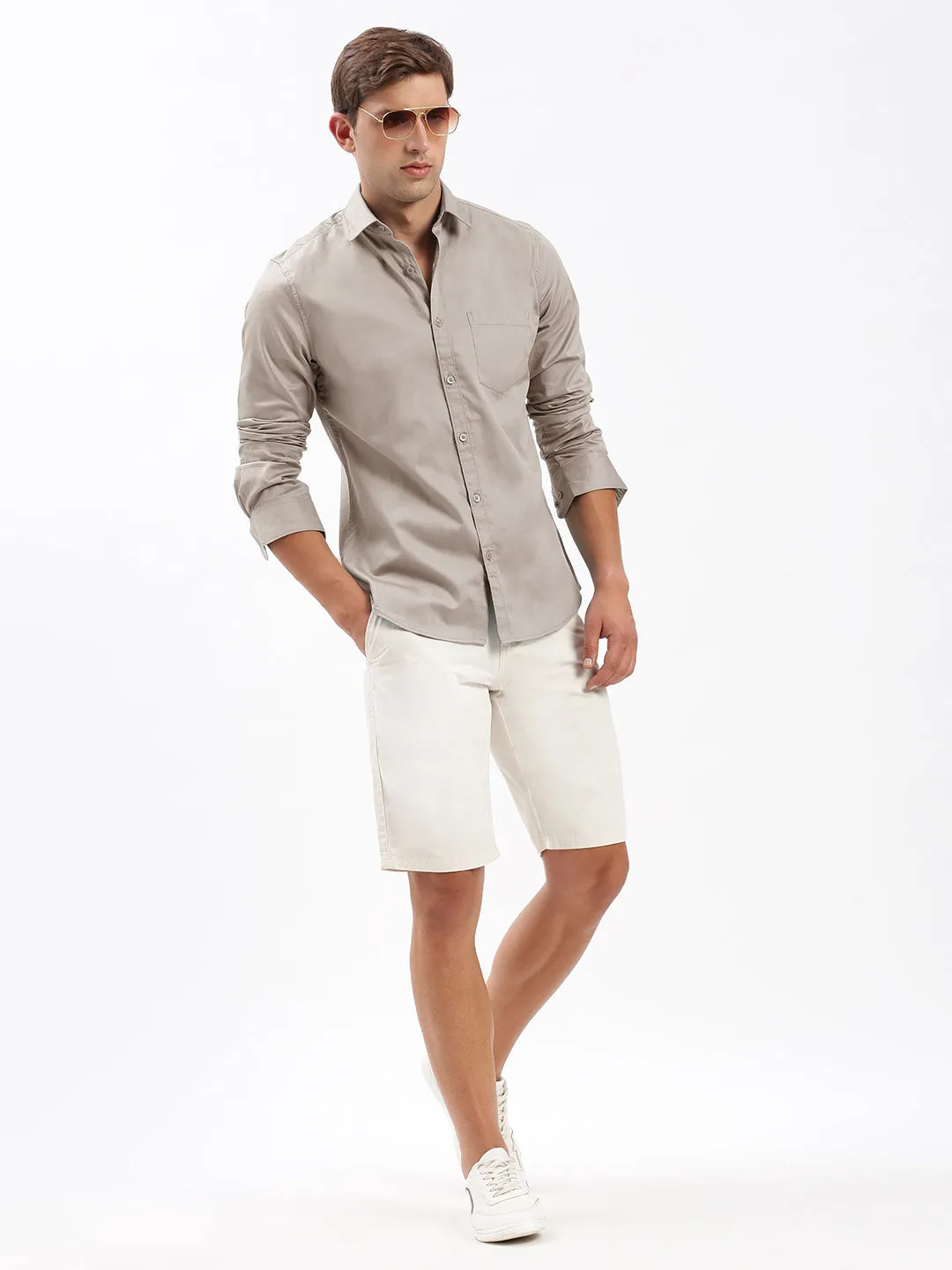 Men Spread Collar Solid Beige Shirt