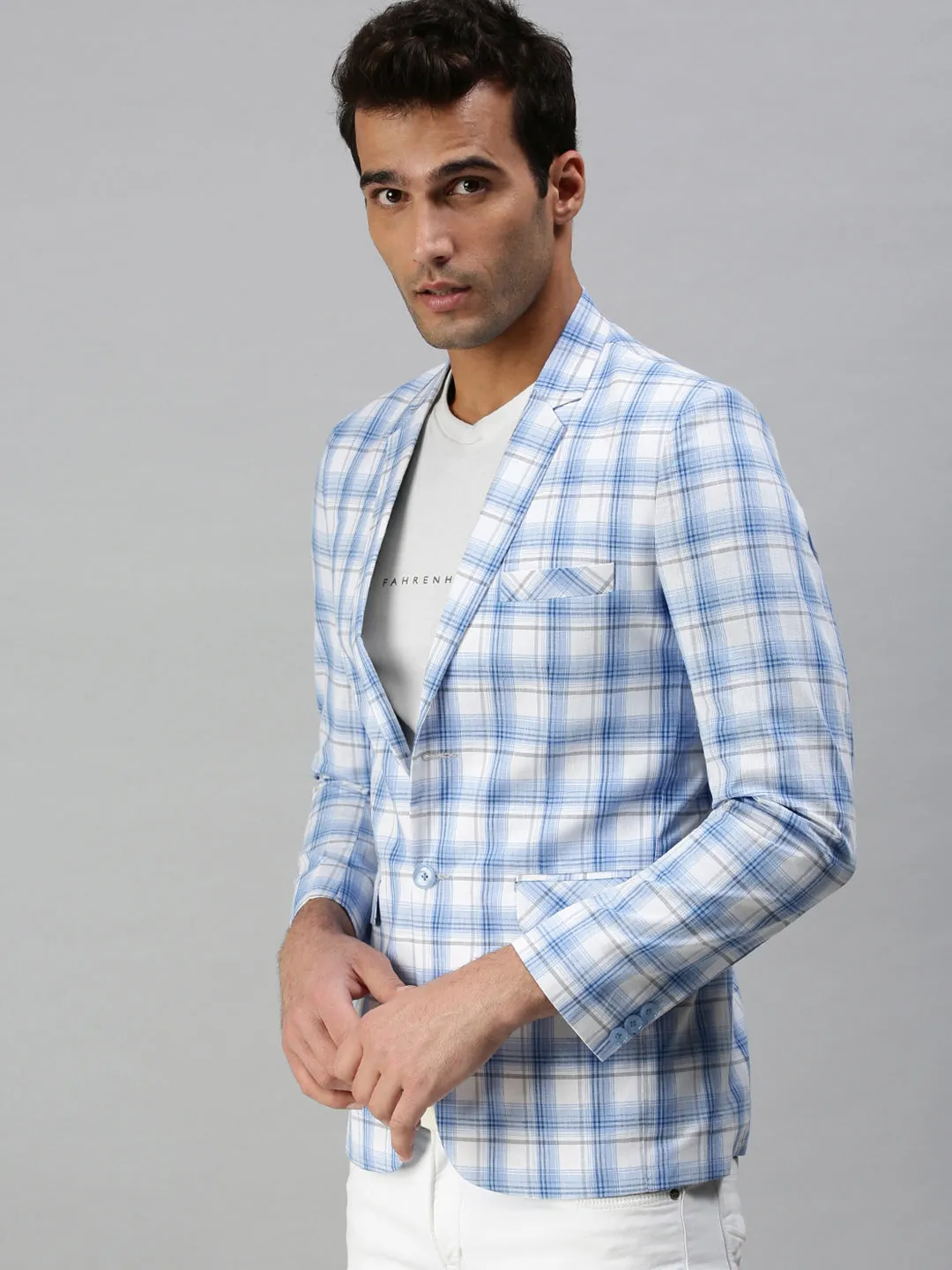 Men's Checked White Single Breasted Blazer