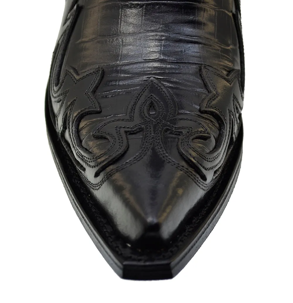 Men's Cowboy Boots Sendra 4660CR Black Print Crocodile Leather Cuban Heel