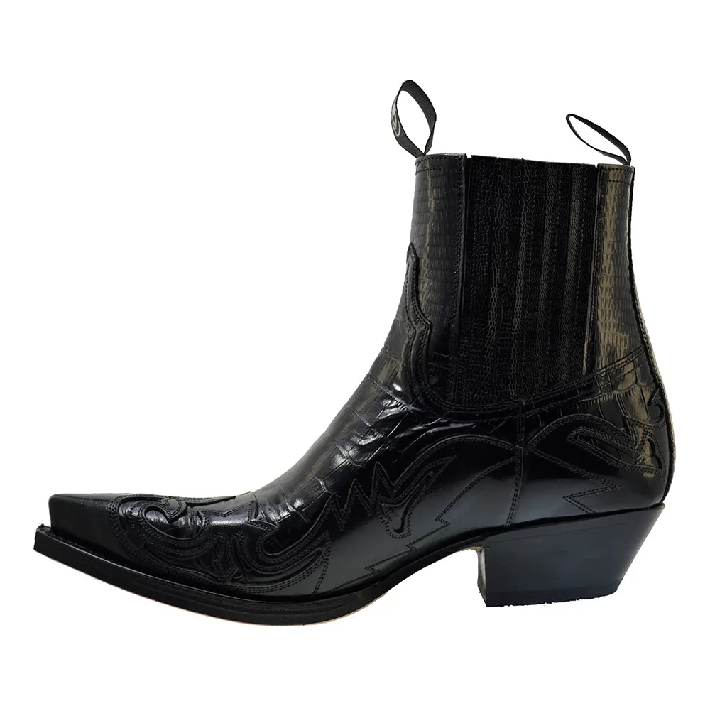 Men's Cowboy Boots Sendra 4660CR Black Print Crocodile Leather Cuban Heel