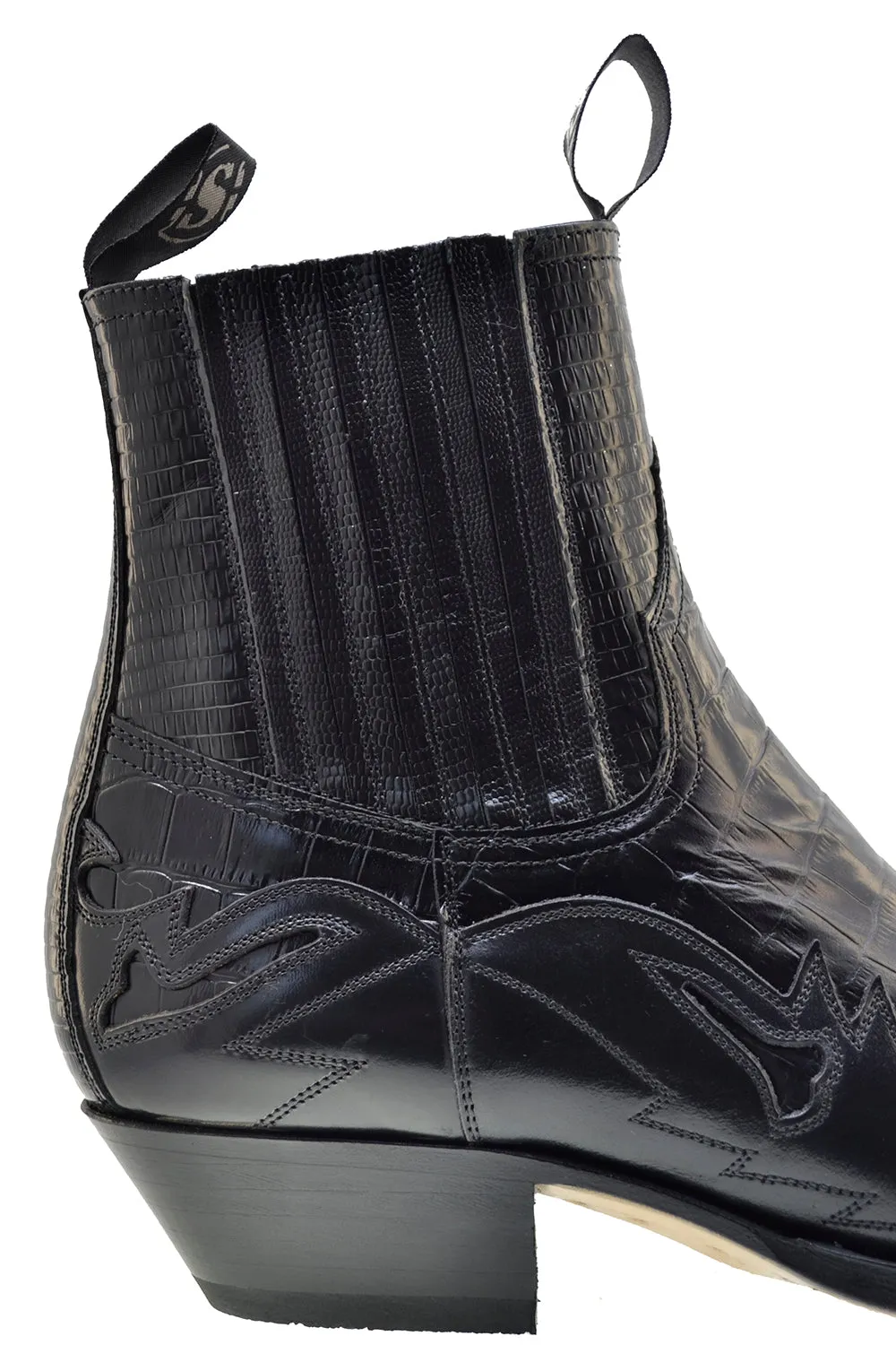 Men's Cowboy Boots Sendra 4660CR Black Print Crocodile Leather Cuban Heel