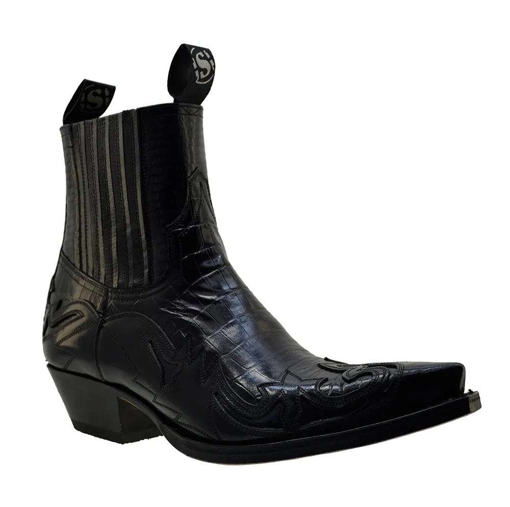 Men's Cowboy Boots Sendra 4660CR Black Print Crocodile Leather Cuban Heel