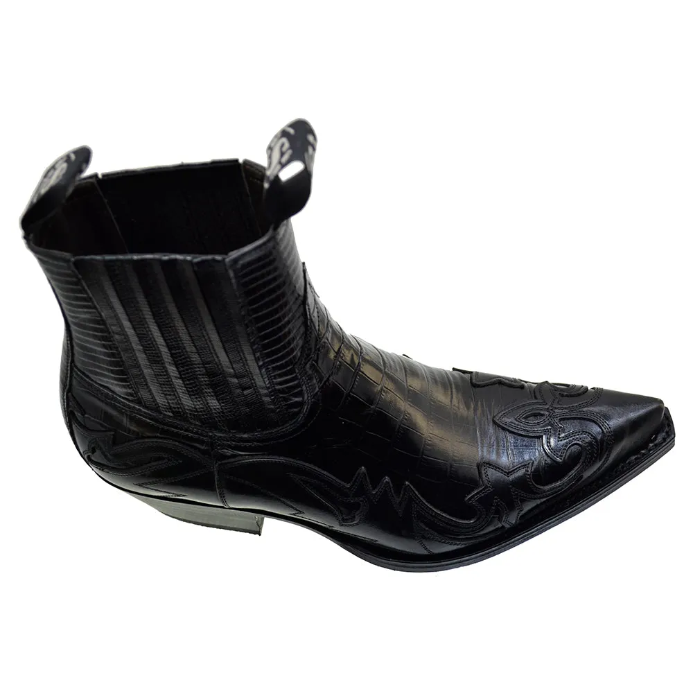 Men's Cowboy Boots Sendra 4660CR Black Print Crocodile Leather Cuban Heel