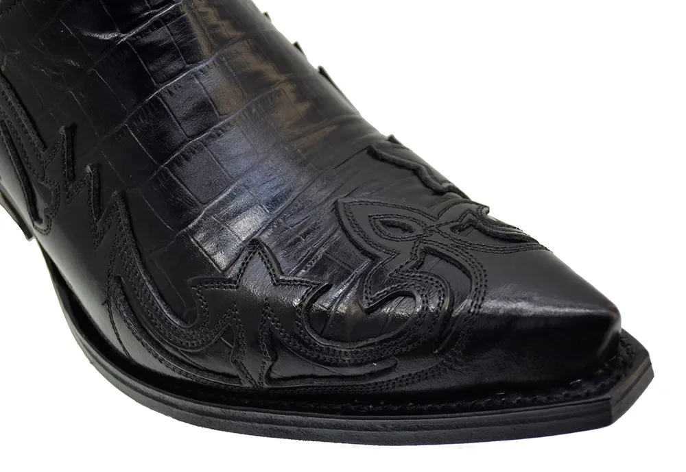 Men's Cowboy Boots Sendra 4660CR Black Print Crocodile Leather Cuban Heel