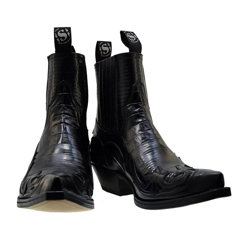 Men's Cowboy Boots Sendra 4660CR Black Print Crocodile Leather Cuban Heel