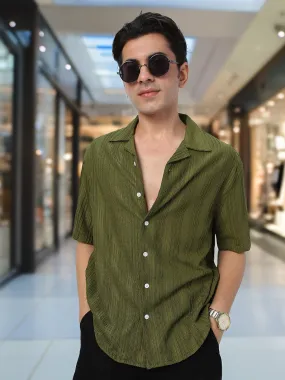 Men's Olive Green Cotton Half Sleeve Oversized Fit Textured Shirt with Cuban Collar