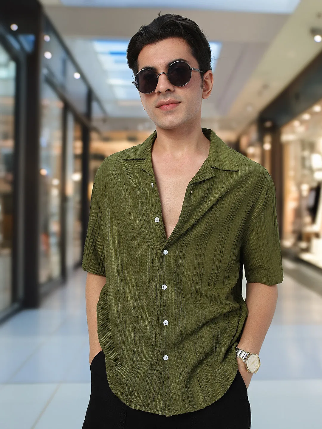 Men's Olive Green Cotton Half Sleeve Oversized Fit Textured Shirt with Cuban Collar