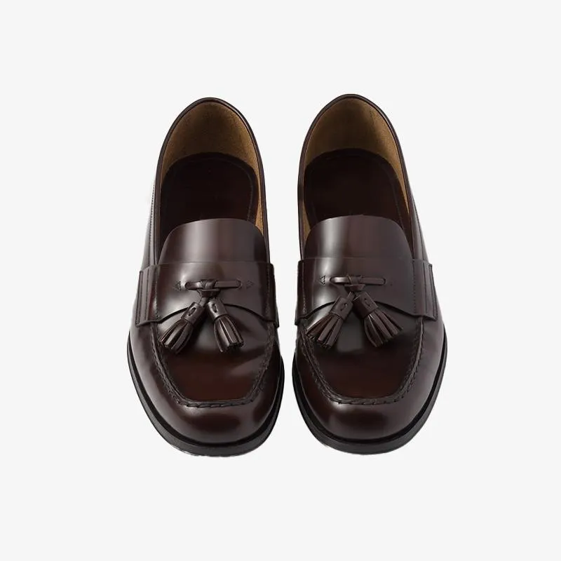 Tassel Polished Leather Loafers Calfskin Shoes Wine
