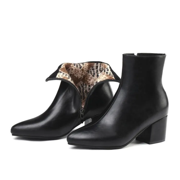 Women silver gold short plush lining block heel ankle booties